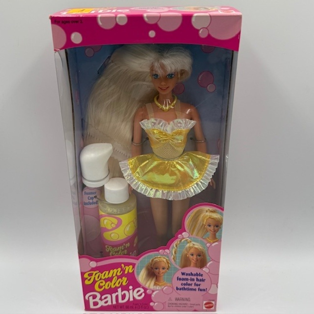 Vintage 1995 Mattel Foam n Color Barbie Doll Yellow Dress NIB 15098
